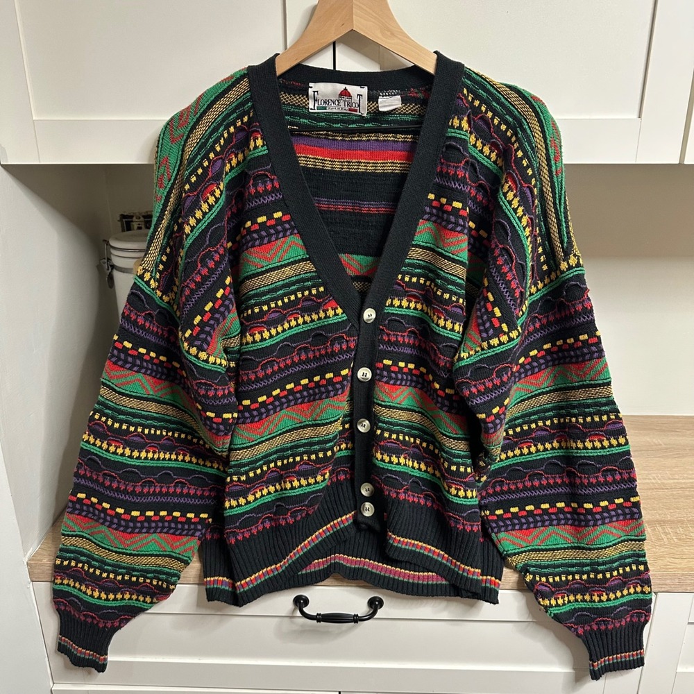 Vtg 90s Florence Tricot 3D Knit Coogi Style Cardigan Sweater Multicolor Mens XL